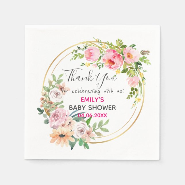 Pretty Pink Floral Wreath Thank You Baby Shower Napkins (Front)