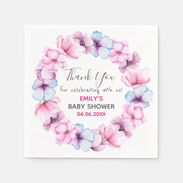 Pretty Pink Floral Wreath Thank You Baby Shower Napkins (Front)