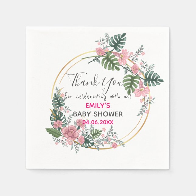 Pretty Pink Floral Wreath Thank You Baby Shower Napkins (Front)