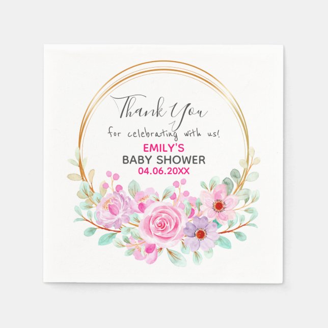 Pretty Pink Floral Wreath Thank You Baby Shower Napkins (Front)