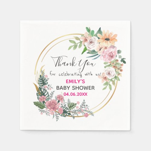 Pretty Pink Floral Wreath Thank You Baby Shower Napkins