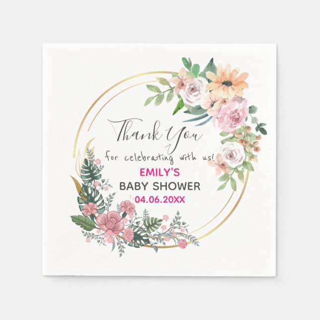 Pretty Pink Floral Wreath Thank You Baby Shower Napkins (Front)