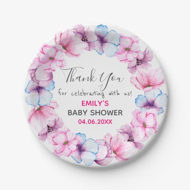 Pretty Pink Floral Wreath Thank You Baby Shower Paper Plates (Front)