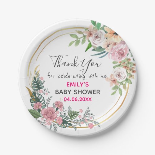 Pretty Pink Floral Wreath Thank You Baby Shower Paper Plates