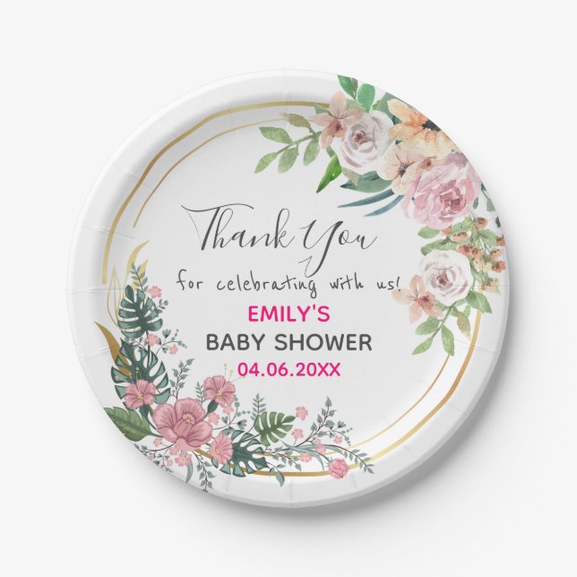 Pretty Pink Floral Wreath Thank You Baby Shower Paper Plates (Front)