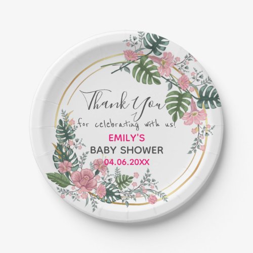Pretty Pink Floral Wreath Thank You Baby Shower Paper Plates
