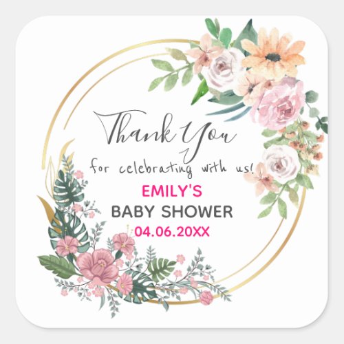 Pretty Pink Floral Wreath Thank You Baby Shower Square Sticker