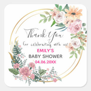 Pretty Pink Floral Wreath Thank You Baby Shower Square Sticker