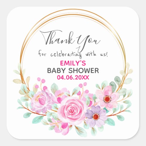 Pretty Pink Floral Wreath Thank You Baby Shower Square Sticker