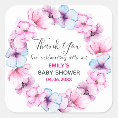 Pretty Pink Floral Wreath Thank You Baby Shower Square Sticker