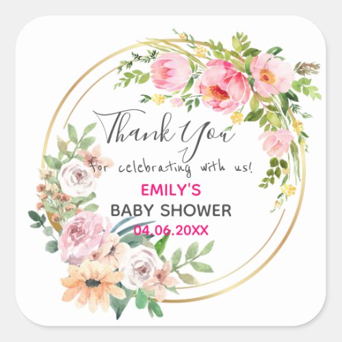 Pretty Pink Floral Wreath Thank You Baby Shower Square Sticker