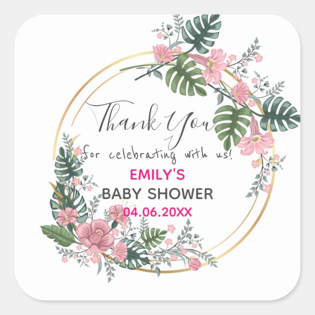 Pretty Pink Floral Wreath Thank You Baby Shower Square Sticker (Front)