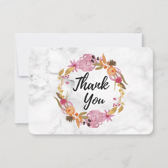 Pretty Pink Floral Wreath Thank You Card (Front)