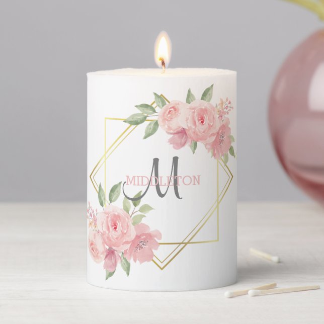 Pretty Pink Floral Wreaths with Monogram / Names Pillar Candle (In Situ)