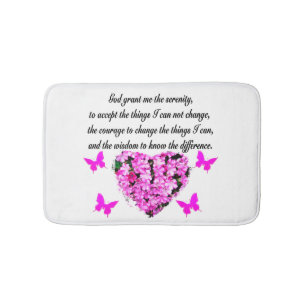 PRETTY PINK FLOWER AND BUTTERFLY SERENITY PRAYER BATHROOM MAT