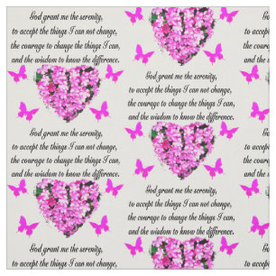 PRETTY PINK FLOWER AND BUTTERFLY SERENITY PRAYER FABRIC