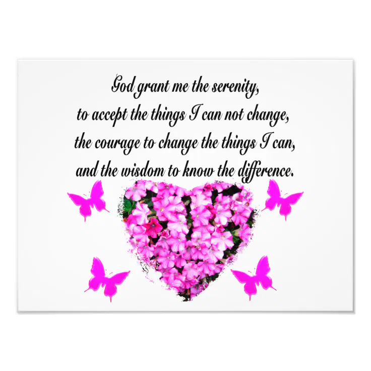 PRETTY PINK FLOWER AND BUTTERFLY SERENITY PRAYER PHOTO PRINT | Zazzle