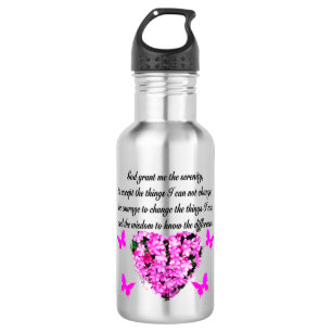 PRETTY PINK FLOWER AND BUTTERFLY SERENITY PRAYER WATER BOTTLE