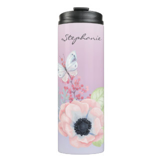 Pretty Pink Flower and Butterfly Thermal Tumbler