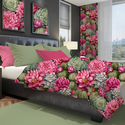 Pretty Pink Flower Cactus Patterned Duvet Cover