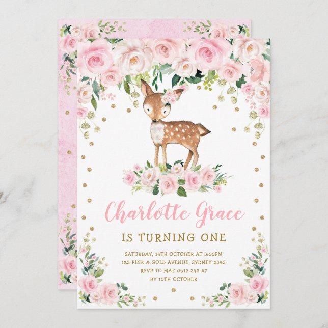 Pretty Pink Flower Deer Girl 1st Birthday Party Invitation (Front/Back)