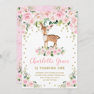Pretty Pink Flower Deer Girl 1st Birthday Party Invitation