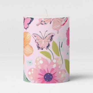 Pretty pink flower Garden with Butterflies Pillar Candle