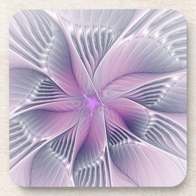 Pretty Pink Flower Modern Abstract Fractal Art Beverage Coaster (Front)