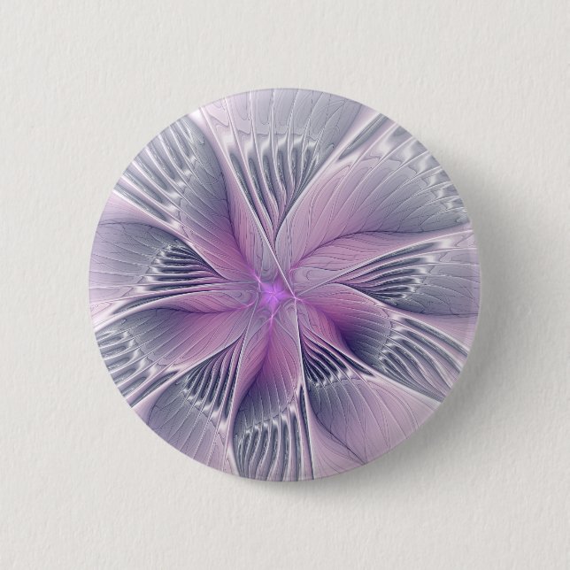 Pretty Pink Flower Modern Abstract Fractal Art Button (Front)