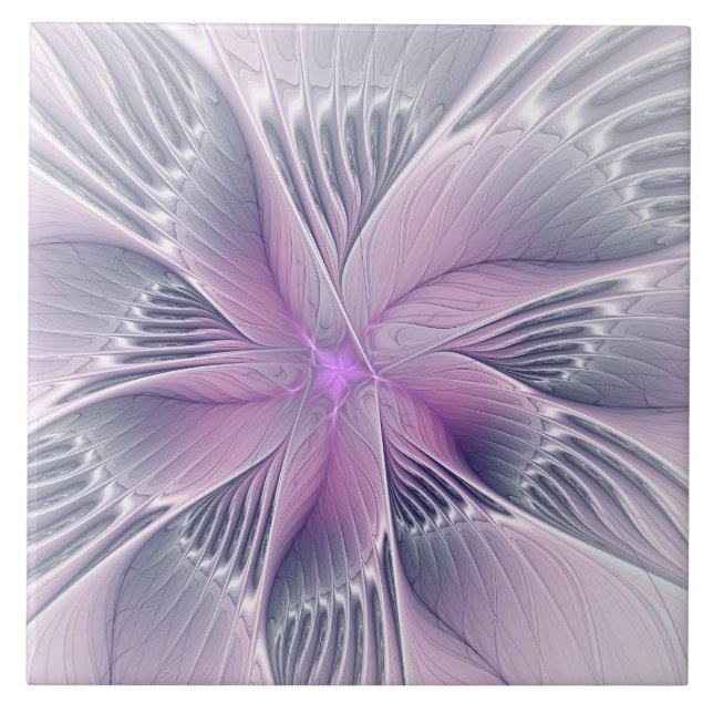 Pretty Pink Flower Modern Abstract Fractal Art Ceramic Tile (Front)
