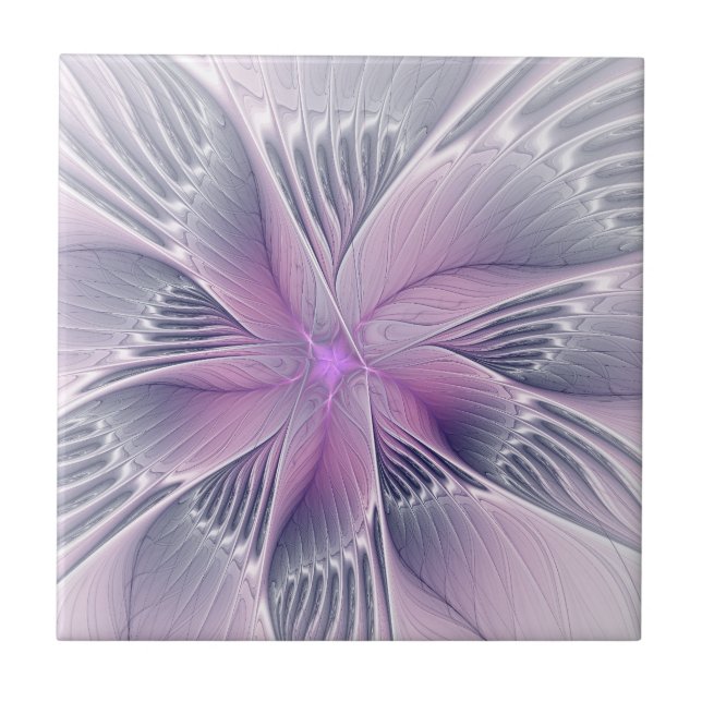 Pretty Pink Flower Modern Abstract Fractal Art Ceramic Tile (Front)