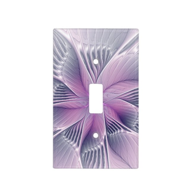Pretty Pink Flower Modern Abstract Fractal Art Light Switch Cover (Front)