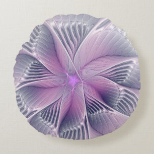 Pretty Pink Flower Modern Abstract Fractal Art Round Pillow