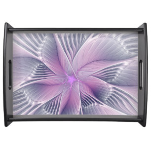 Pretty Pink Flower Modern Abstract Fractal Art Serving Tray