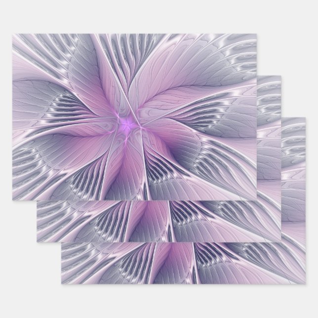 Pretty Pink Flower Modern Abstract Fractal Art Wrapping Paper Sheets (Set)