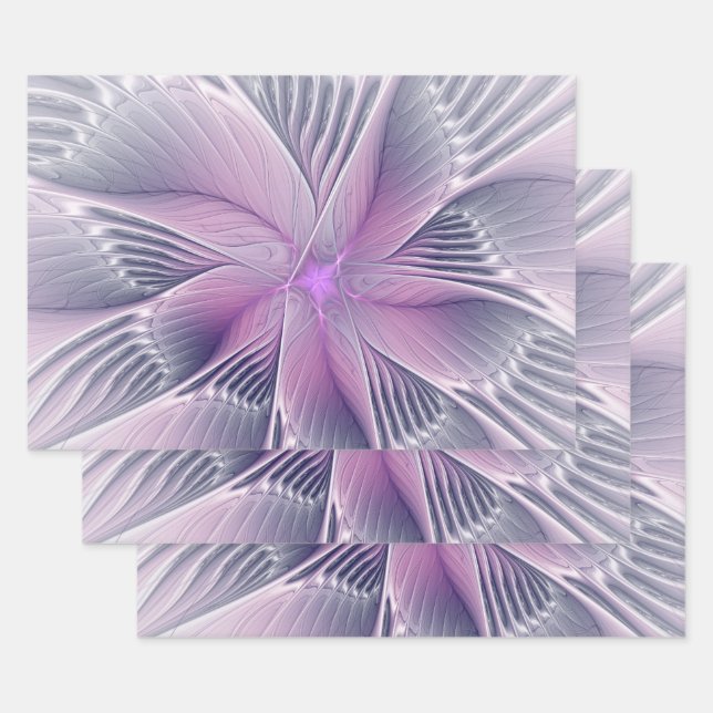 Pretty Pink Flower Modern Abstract Fractal Art Wrapping Paper Sheets (Set)