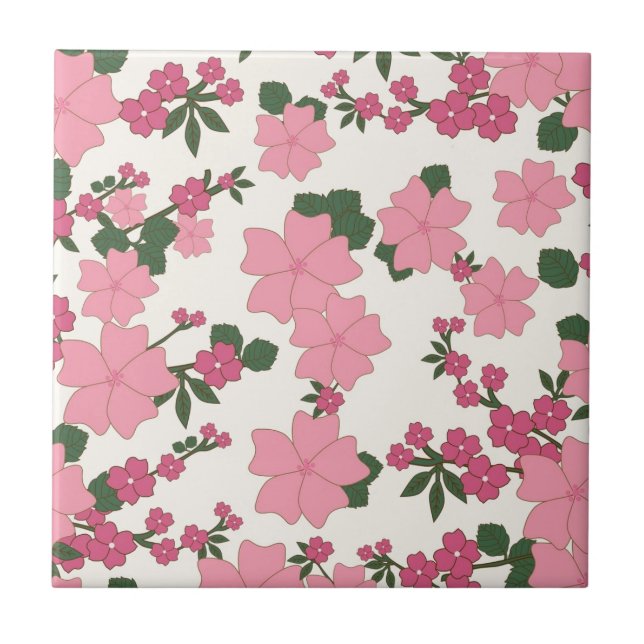 Pretty Pink Flower Pattern Ceramic Tile (Front)