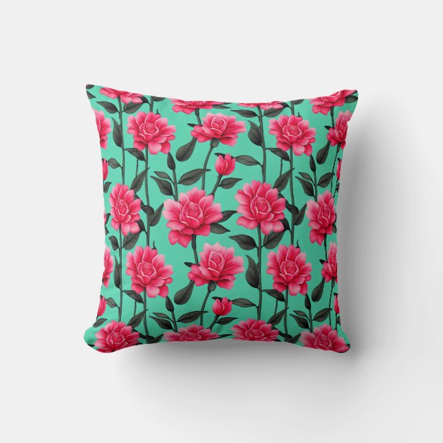 Pretty Pink Flower Pattern With Stems and Leaves Throw Pillow (Front)