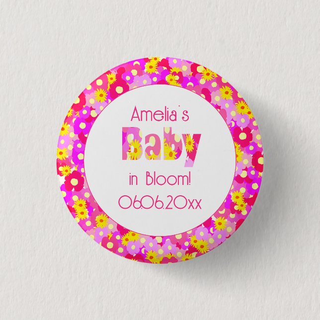 Pretty Pink Flower Personalized Baby Shower Button (Front)