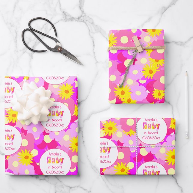 Pretty Pink Flower Personalized Baby Shower Wrapping Paper Sheets (Front)