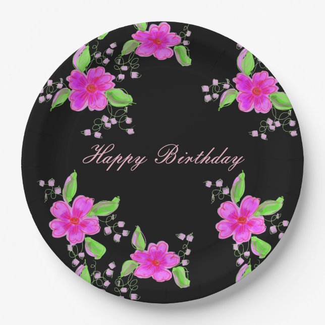 Pretty Pink Flowered Paper Birthday Decor Plates (Front)