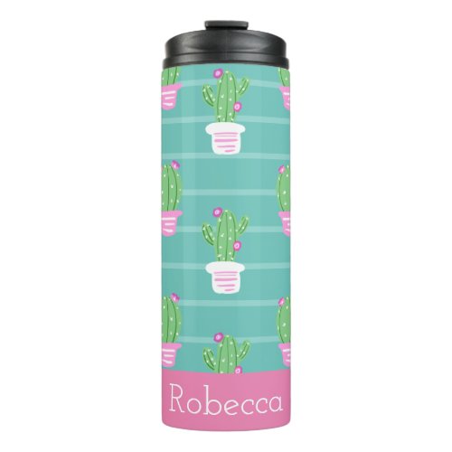 Pretty Pink Flowering Cactus  Stripes  Monogram Thermal Tumbler