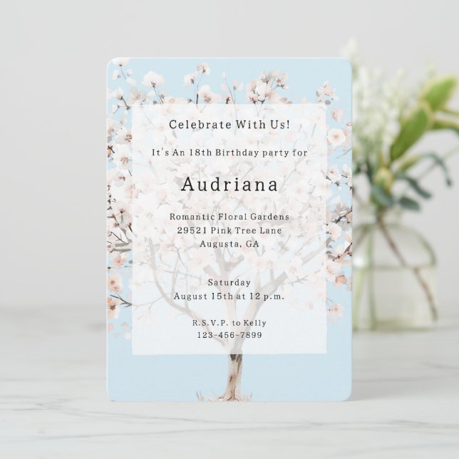 Pretty Pink Flowering Tree Birthday   Invitation (Standing Front)