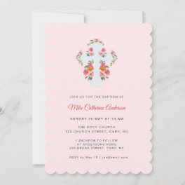 Pretty Pink Flowers and Cross Baptism Invitation