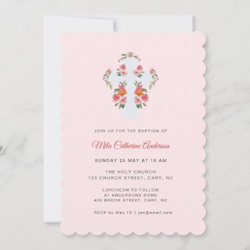 Pretty Pink Flowers and Cross Baptism Invitation