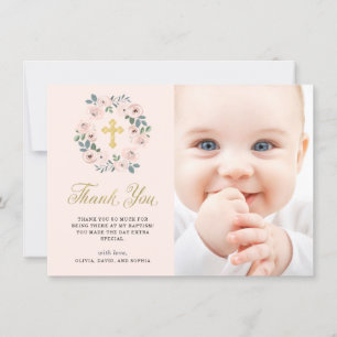 Pretty Pink Flowers and Gold Cross Baptism Photo Thank You Card