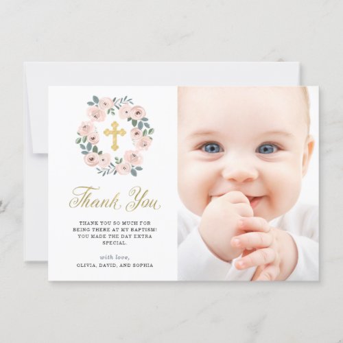 Pretty Pink Flowers and Gold Cross  Baptism Photo Thank You Card