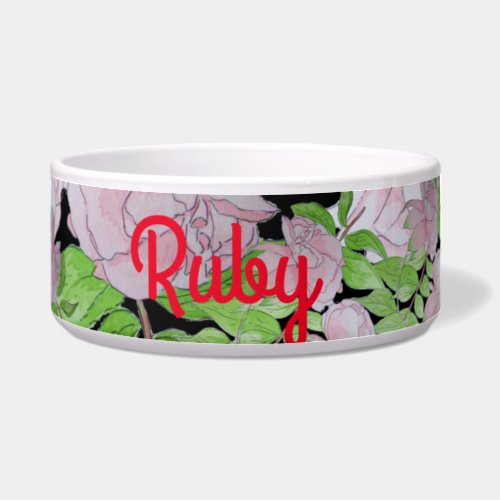 pretty pink flowers and leafs floral dog bowl