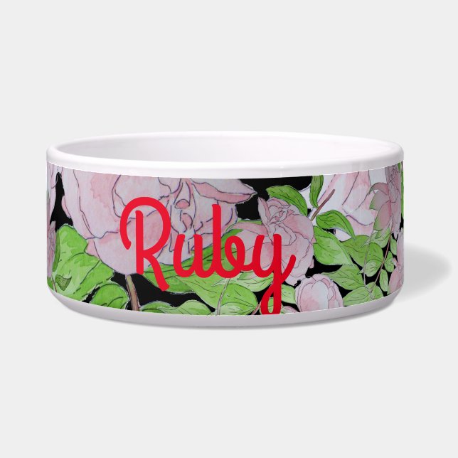 pretty pink flowers and leafs floral dog bowl (Front)