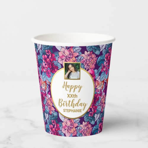 Pretty Pink Flowers Any Age Custom Photo Birthday Paper Cups